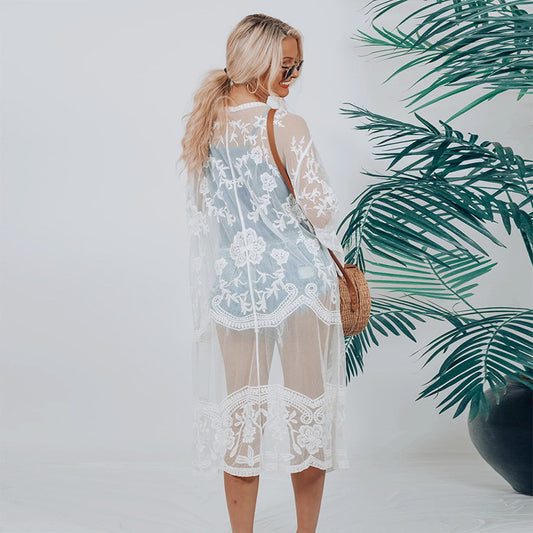 Lace Embroidered Sun Protection Cardigan Beach Cover-Up