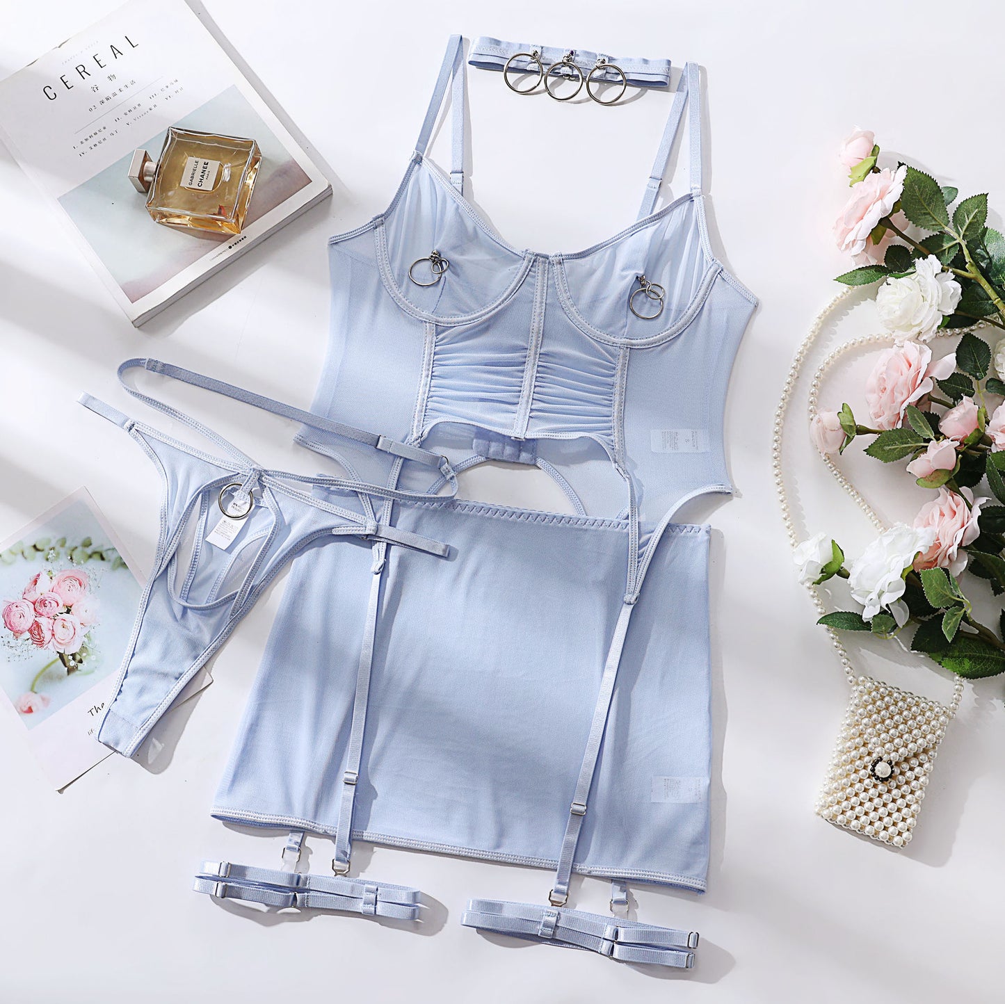 Lace Fishbone Push-Up Crop Top Bra Set