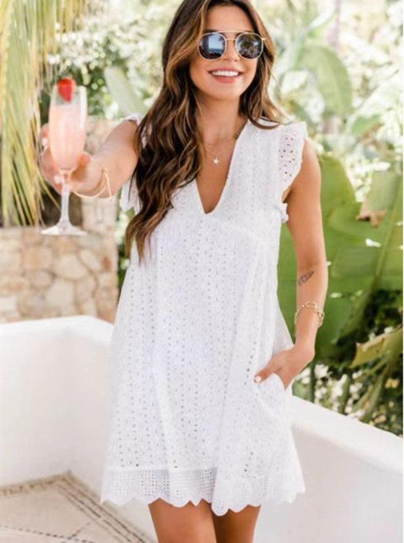 Lace Jacquard Mid-Length Dress with Pockets