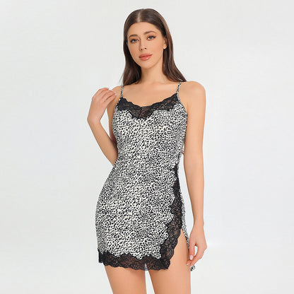 Lace leopard print halter nightgown