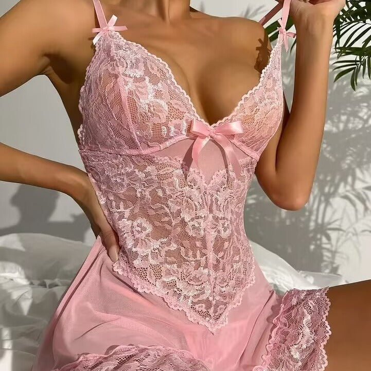 Lace Mesh Sheer Nightgown with Adjustable Straps