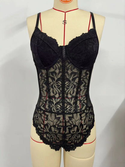 Lace Mesh Slim-Fit Backless Bodysuit