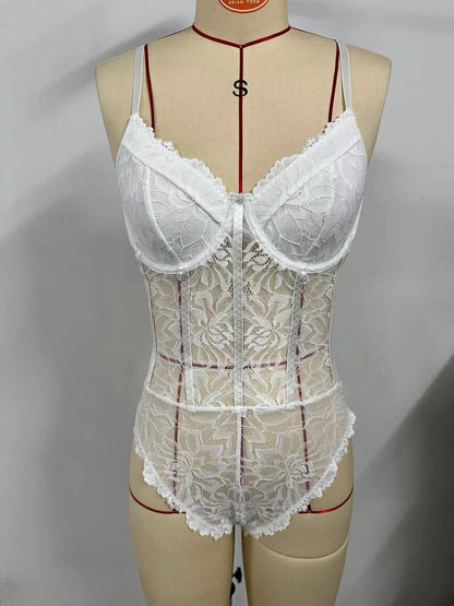 Lace Mesh Slim-Fit Backless Bodysuit