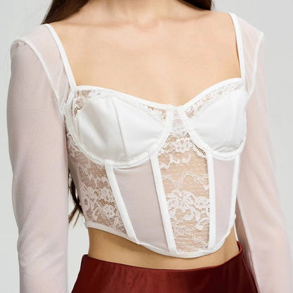 Lace netting fishbone fitted long-sleeved top