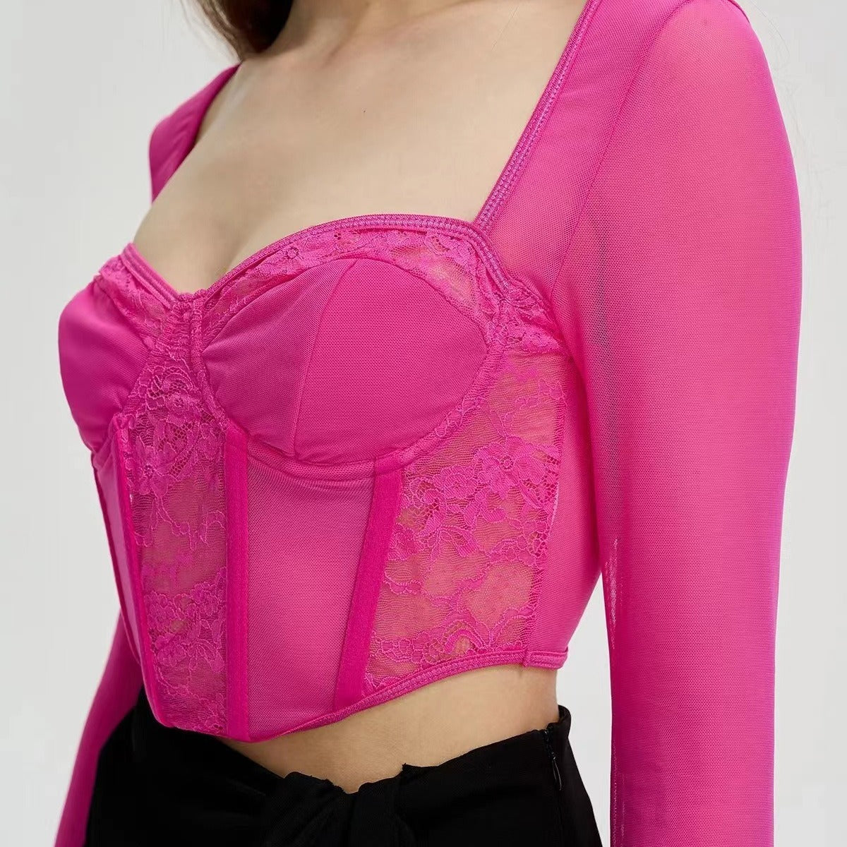 Lace netting fishbone fitted long-sleeved top