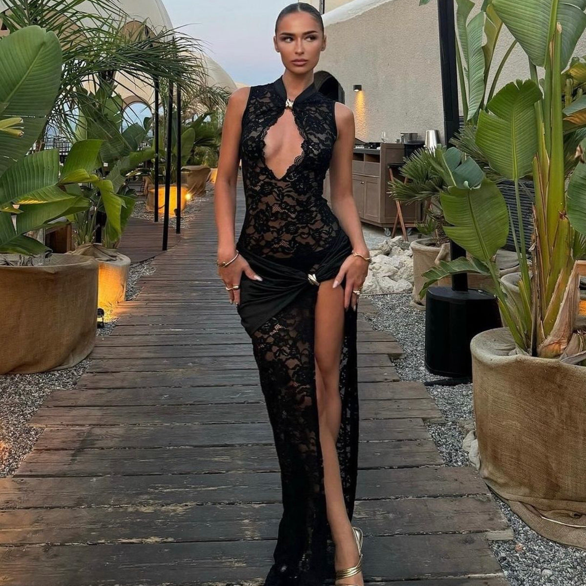 Lace open-work high slit dress