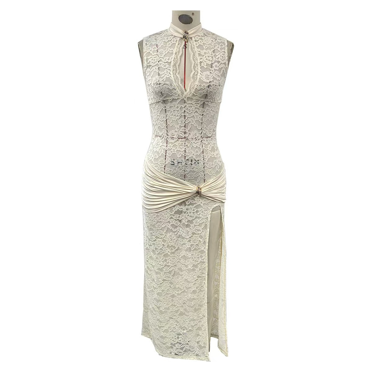 Lace open-work high slit dress