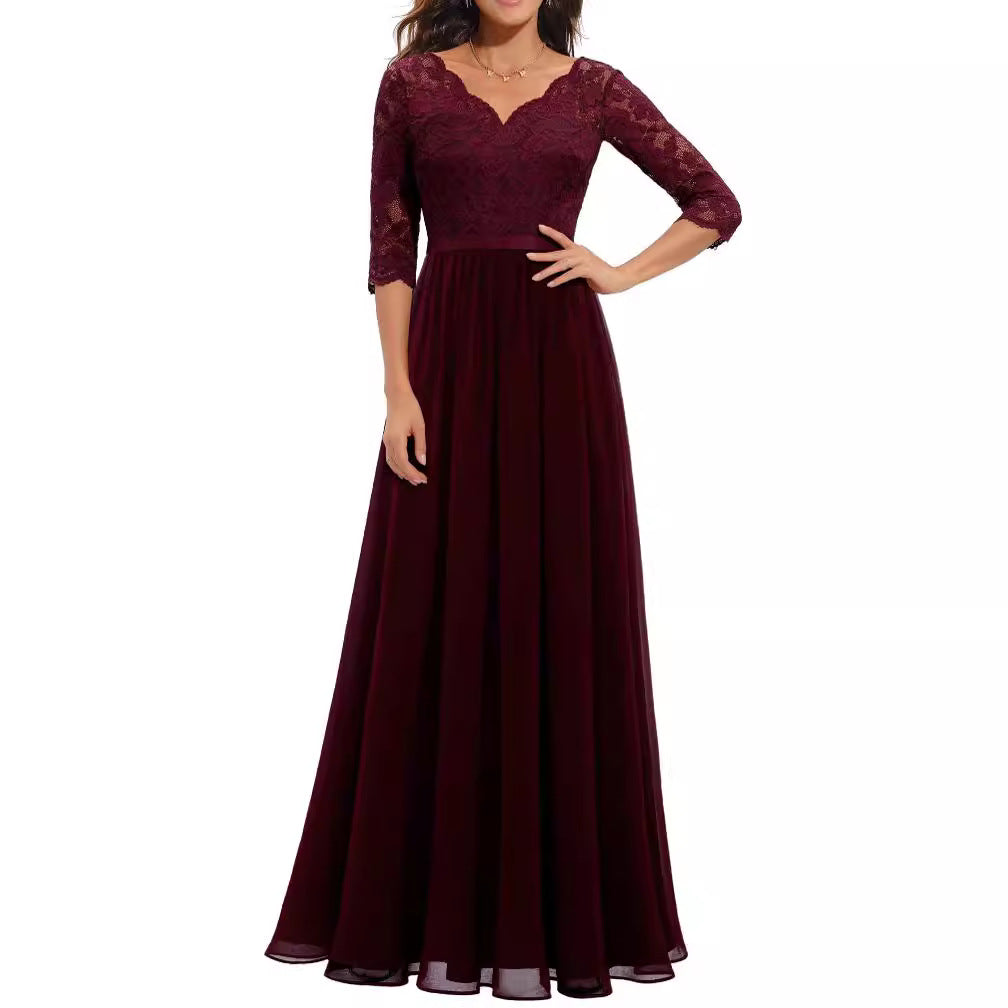 Lace Splicing Long Waist-Cinching Dress