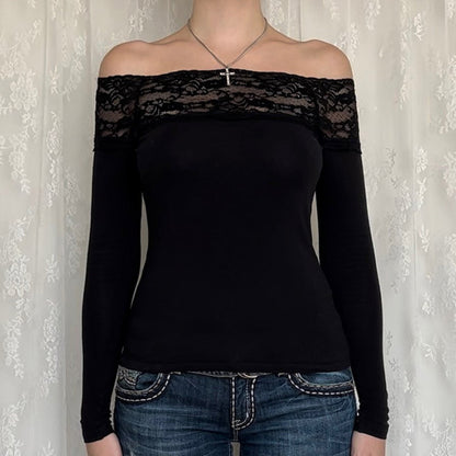 Lace Splicing Off-Shoulder Slim Fit T-Shirt