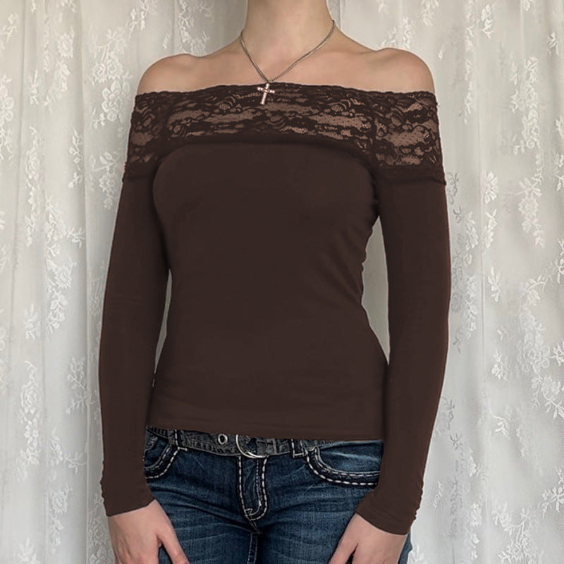 Lace Splicing Off-Shoulder Slim Fit T-Shirt