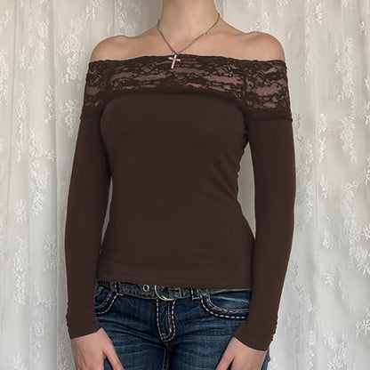 Lace Splicing Off-Shoulder Slim Fit T-Shirt