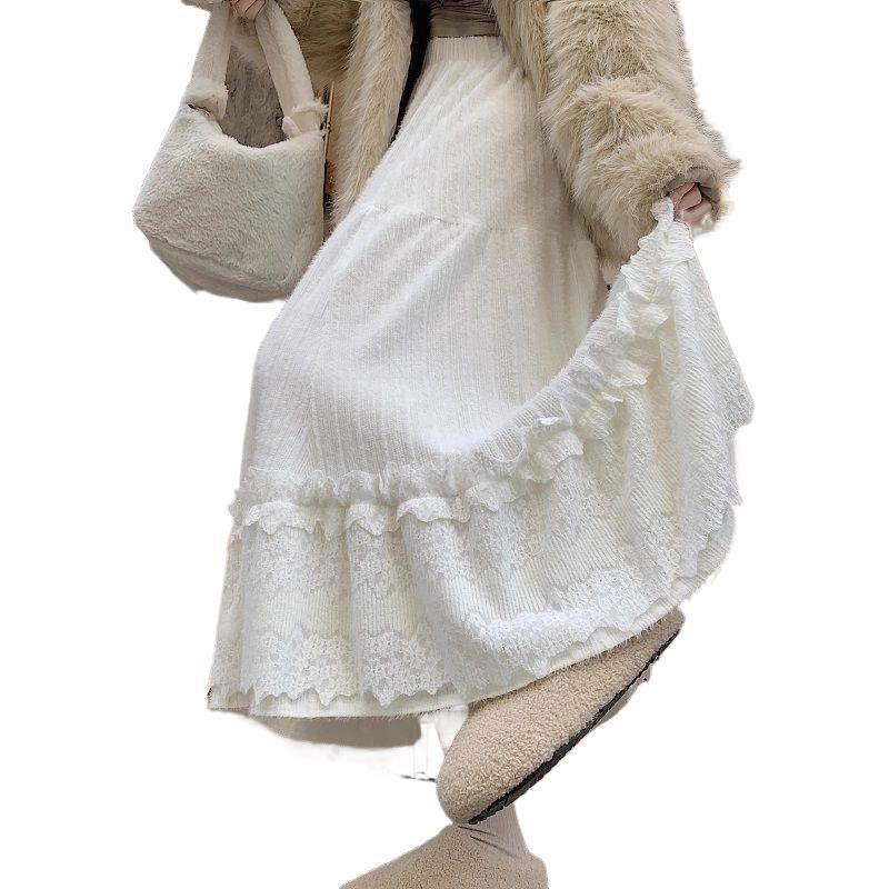 Lace Splicing Plush Knitted Midi Skirt