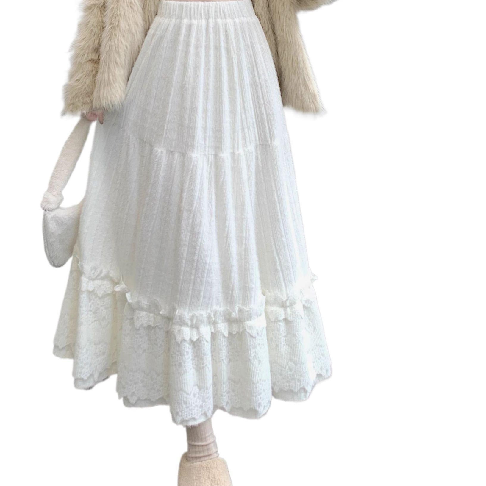 Lace Splicing Plush Knitted Midi Skirt