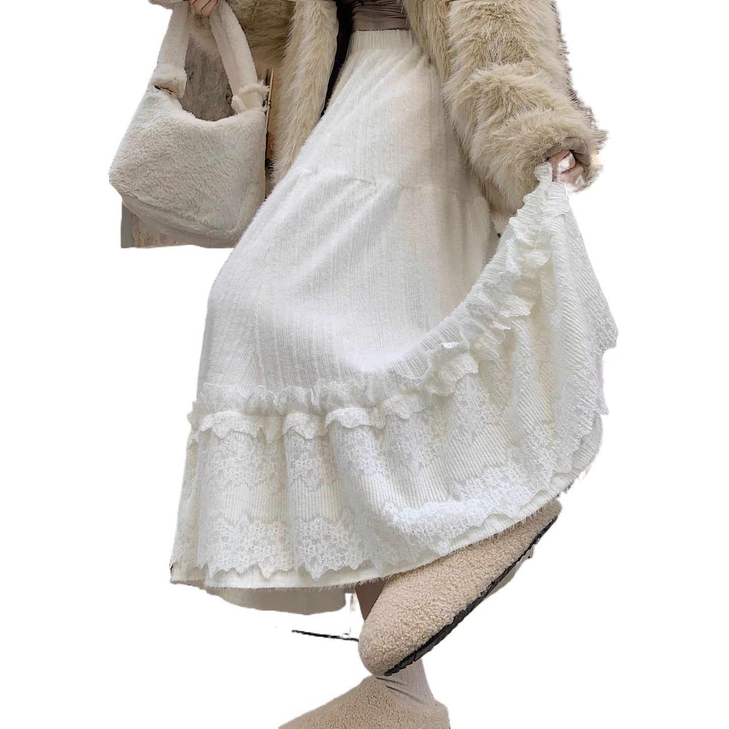 Lace Splicing Plush Knitted Midi Skirt