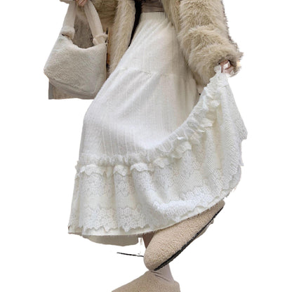 Lace Splicing Plush Knitted Midi Skirt
