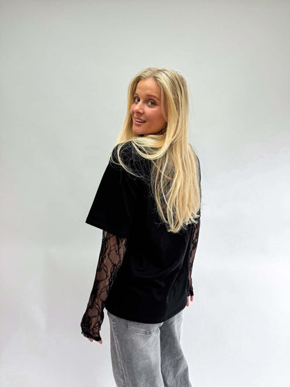 Lace Stitched Cotton Crewneck T-shirt