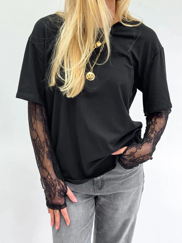 Lace Stitched Cotton Crewneck T-shirt
