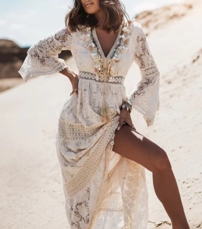Lace Trim Floral Embroidery V-Neck Long Dress