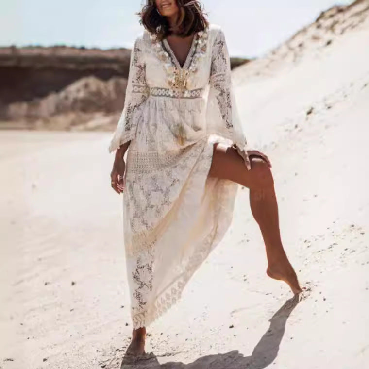 Lace Trim Floral Embroidery V-Neck Long Dress