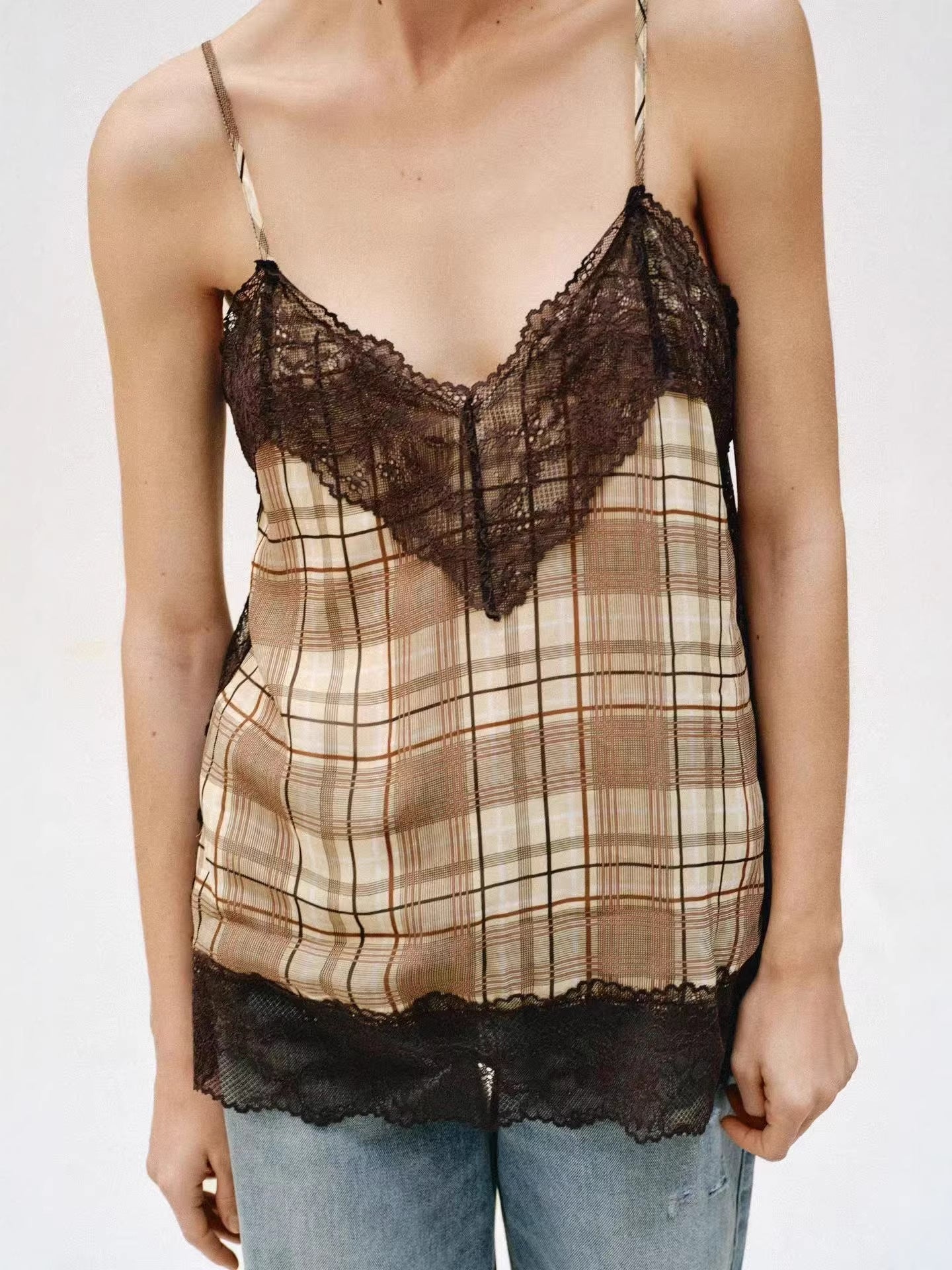Lace Trim Plaid Camisole Top