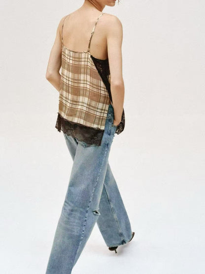 Lace Trim Plaid Camisole Top