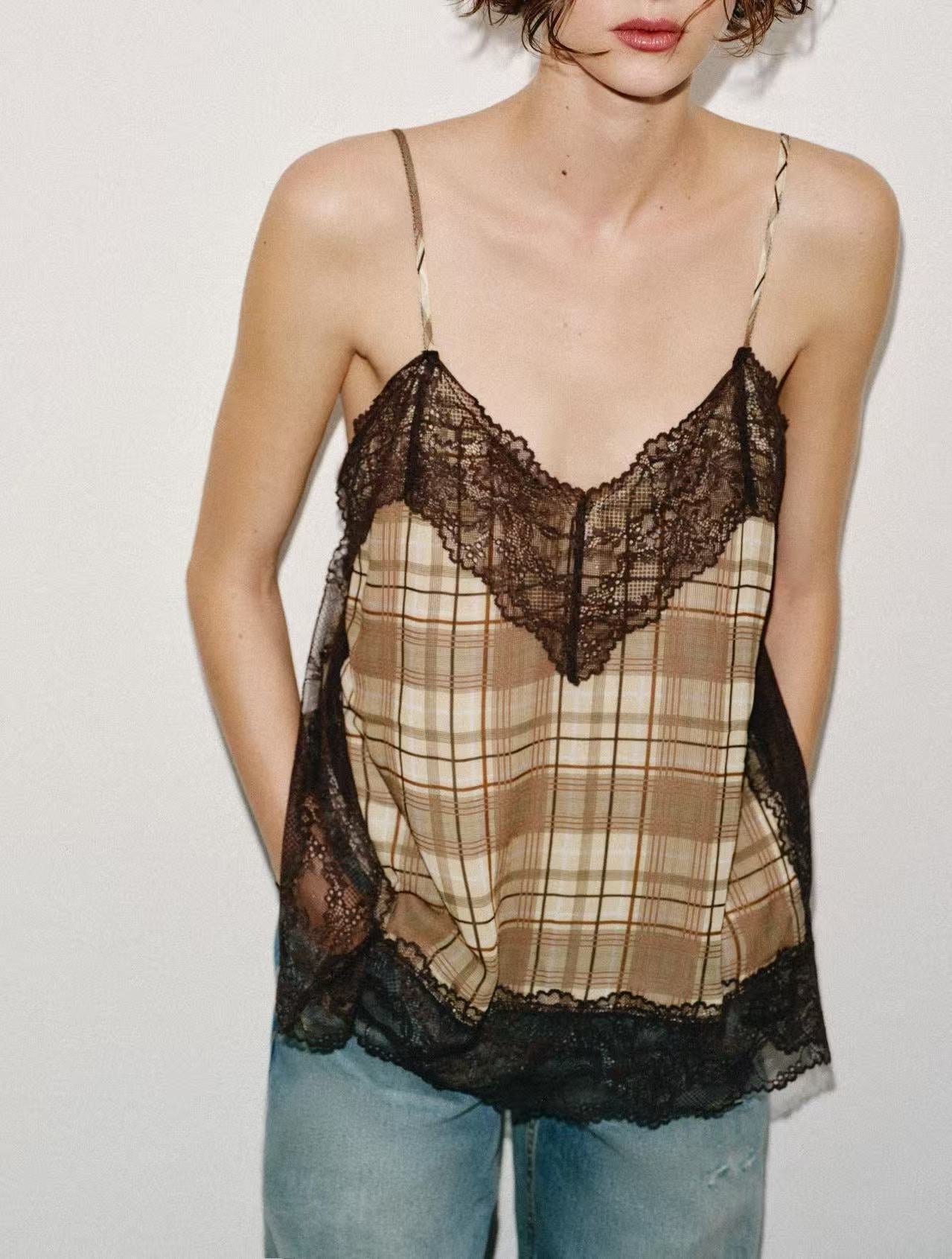 Lace Trim Plaid Camisole Top
