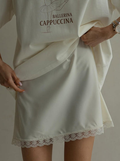 Lace Trim Satin Skirt