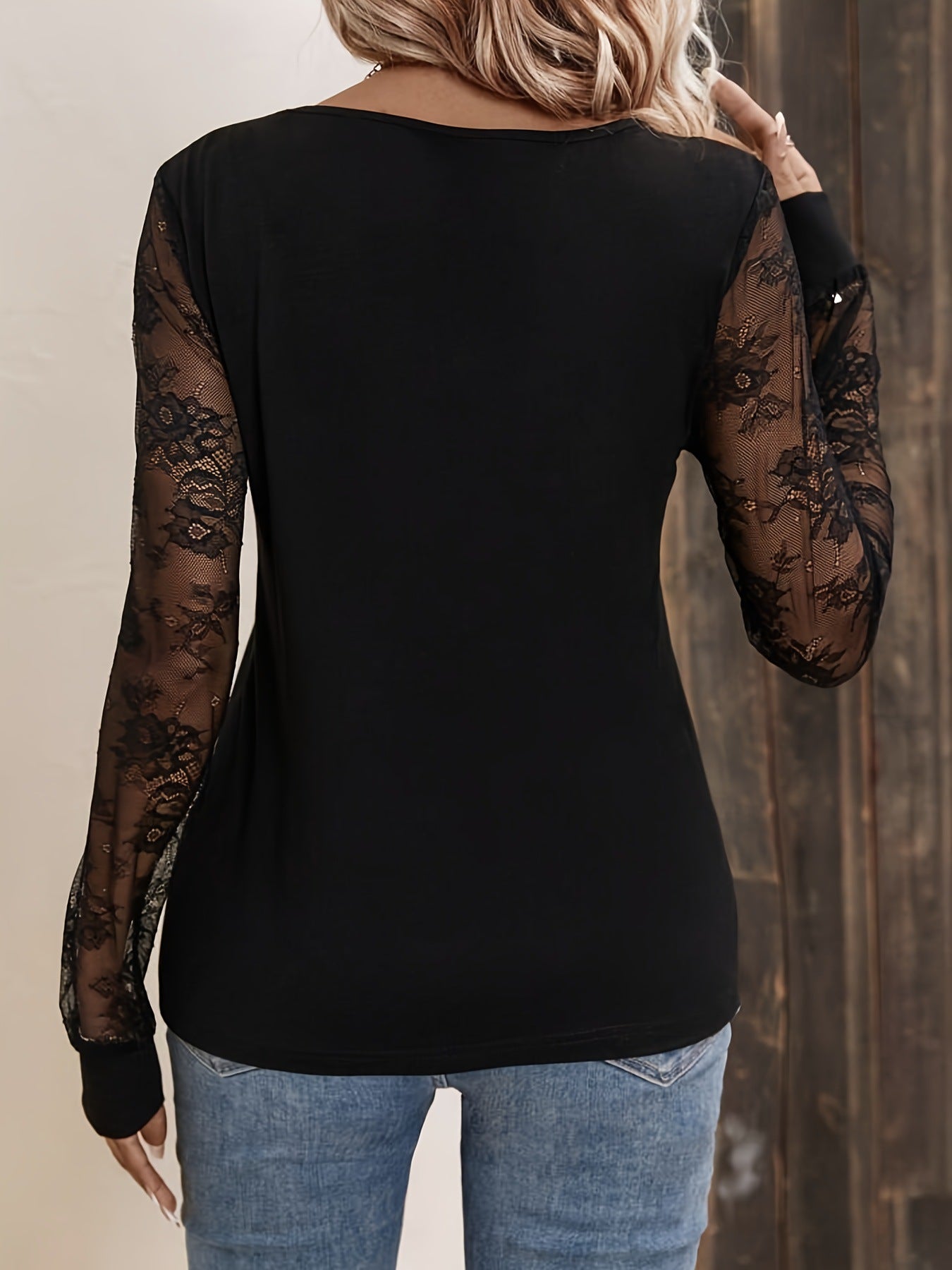 Lace Trim V-Neck Loose Fit T-Shirt