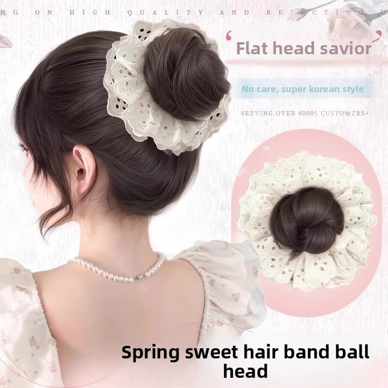 Lace-trimmed bun hair loop wig