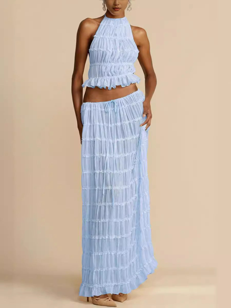 Lace-trimmed halter long dress