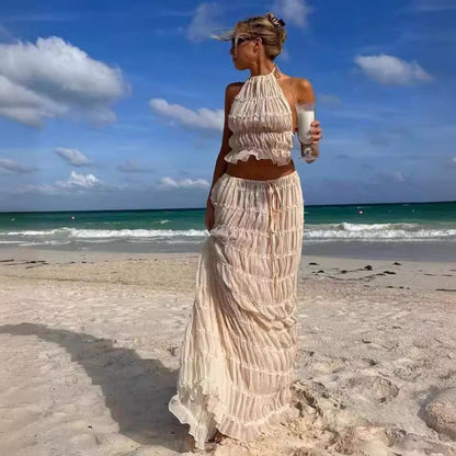 Lace-trimmed halter long dress