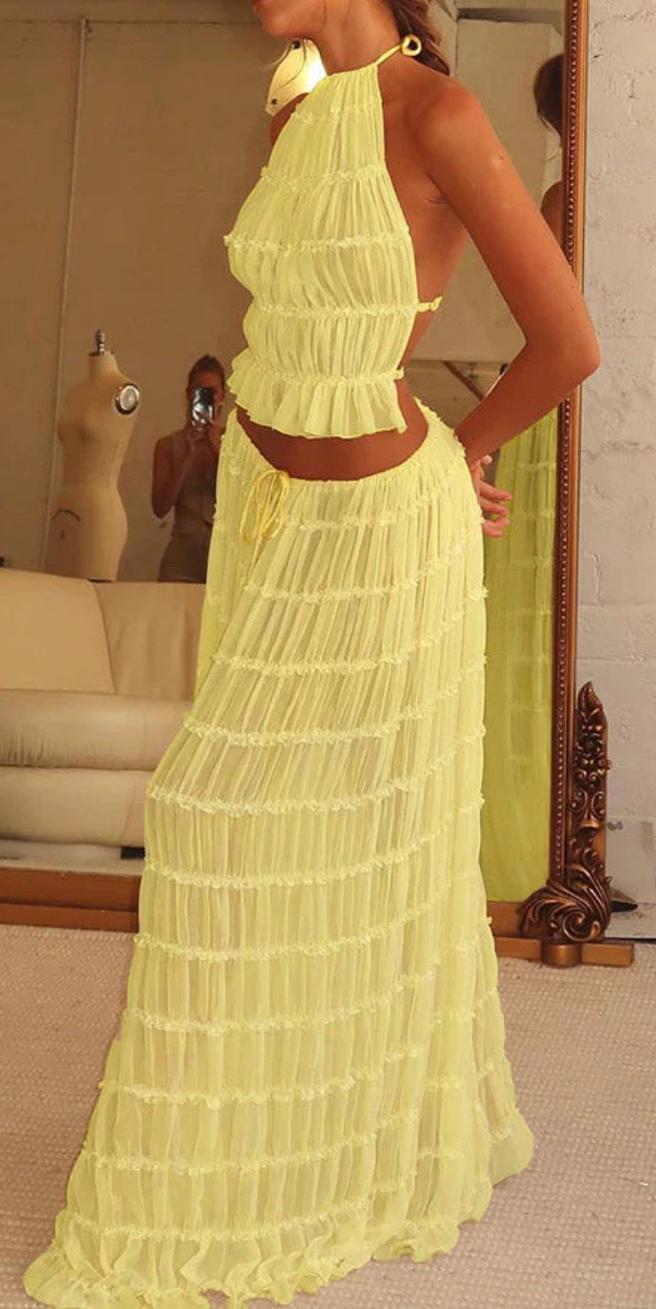Lace-trimmed halter long dress