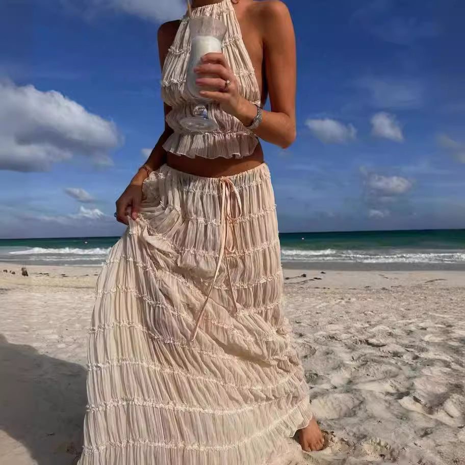 Lace-trimmed halter long dress