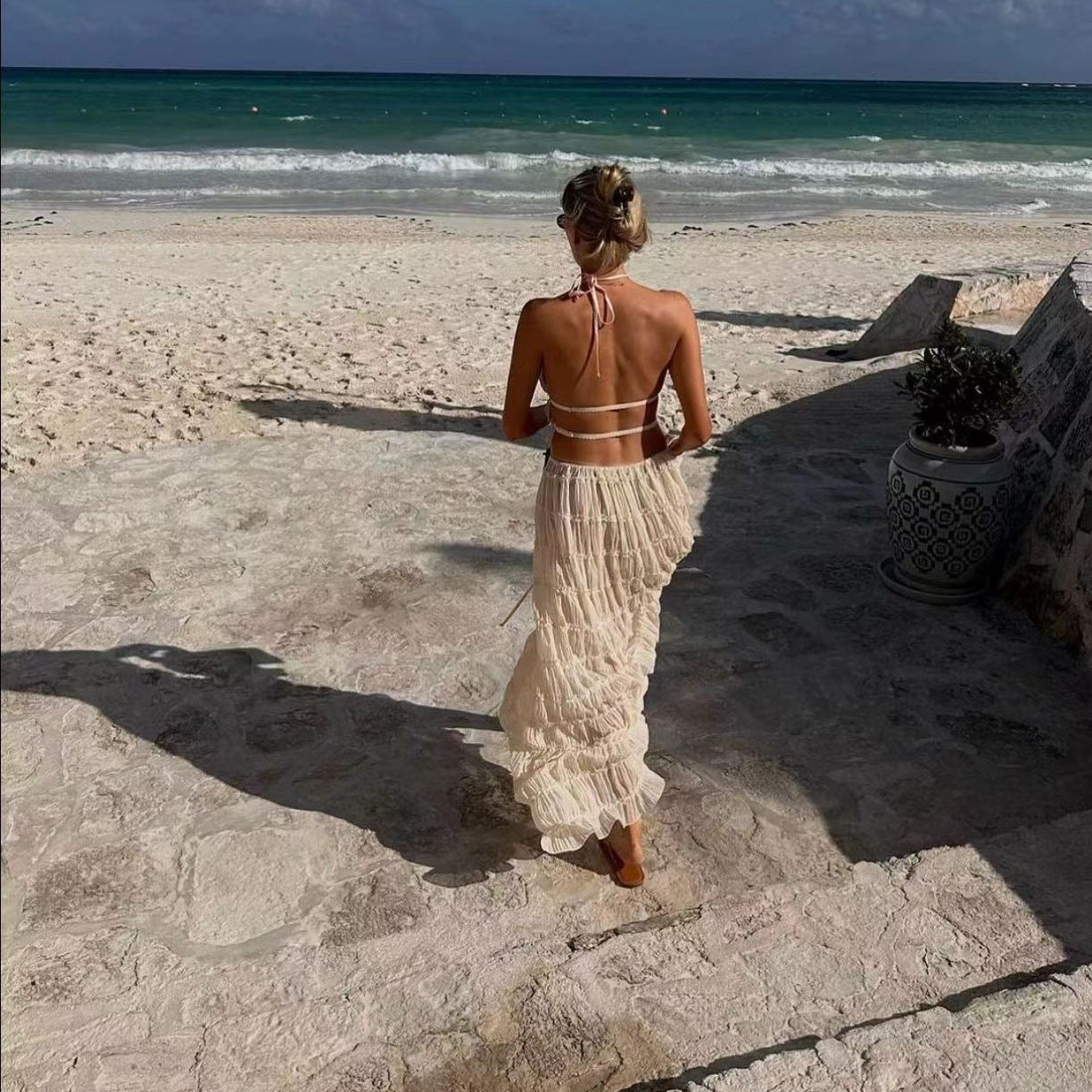 Lace-trimmed halter long dress
