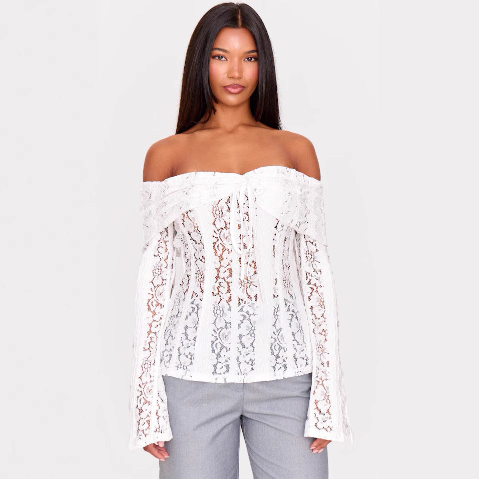 Lace Trumpet Sleeve See-Through Top