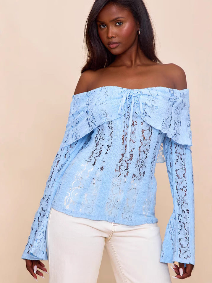 Lace Trumpet Sleeve See-Through Top