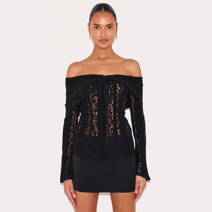 Lace Trumpet Sleeve See-Through Top