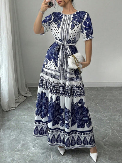 Lace-Up Elegant Ruffled Short-Sleeved Dress