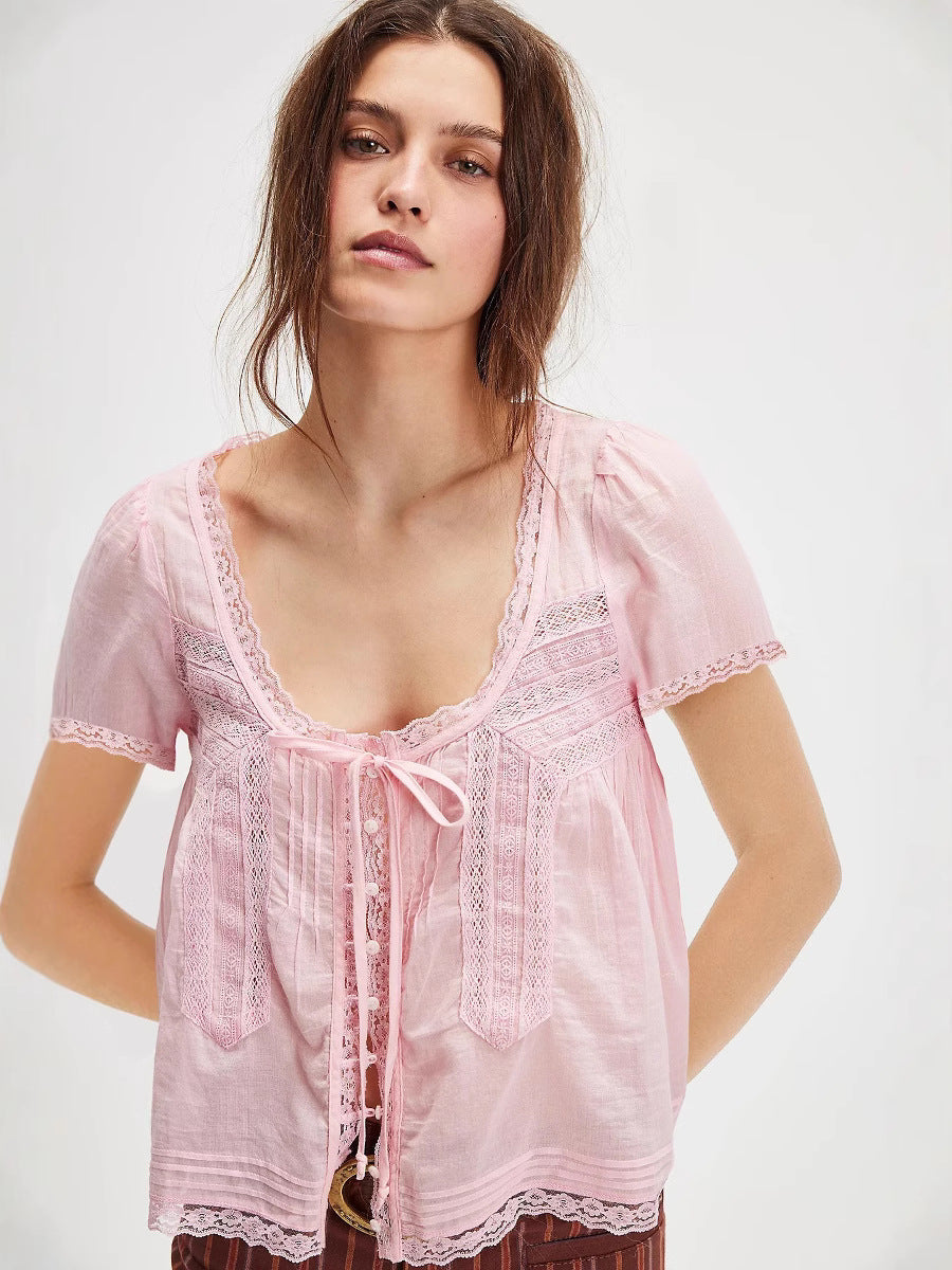 Lace-Up Hollow-Out Blouse