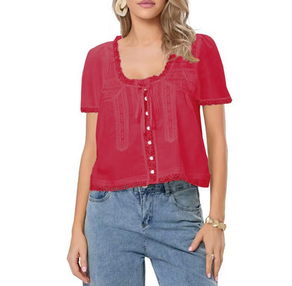Lace-Up Hollow-Out Blouse