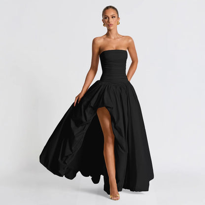 Lace-Up Tube Top Pleated Dress