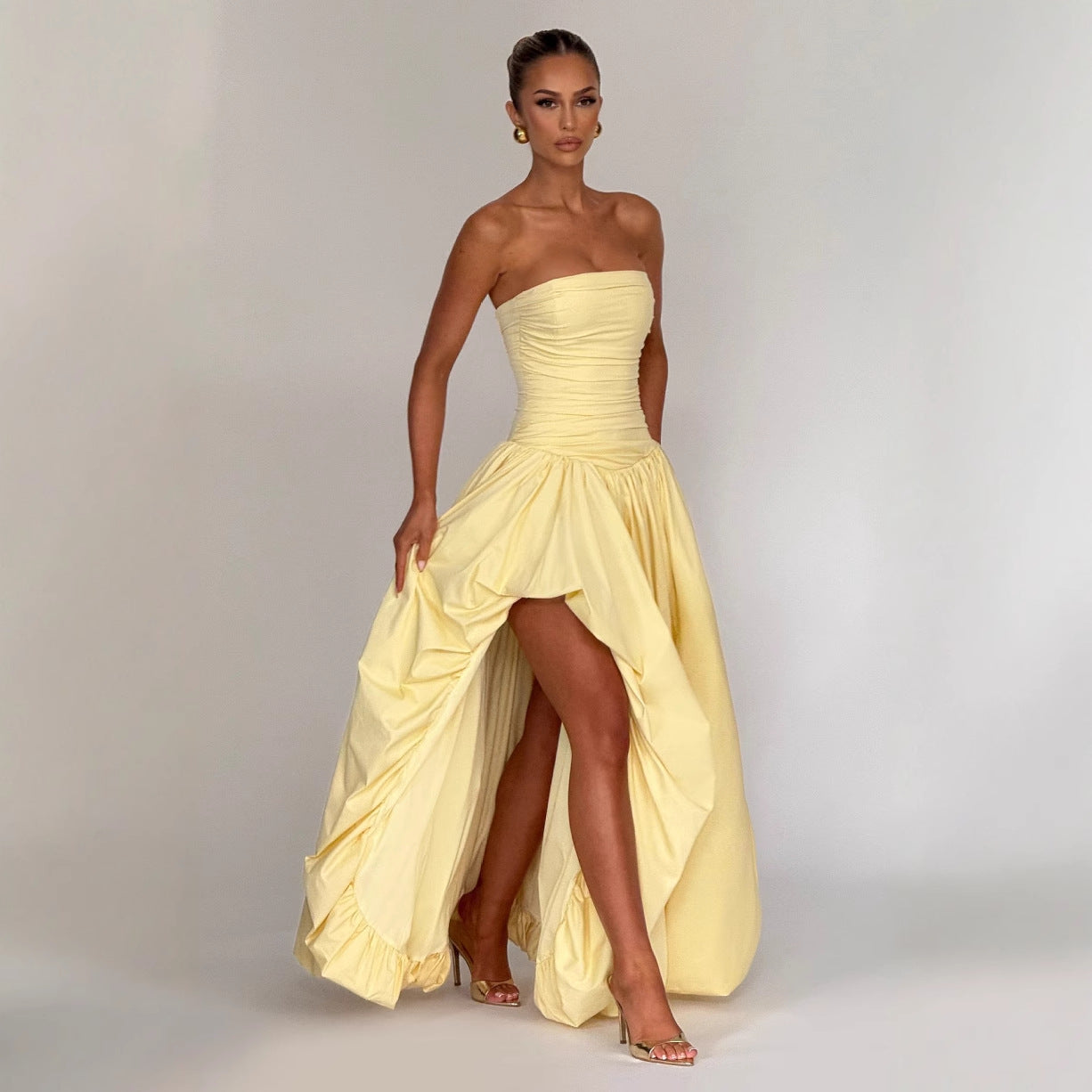 Lace-Up Tube Top Pleated Dress