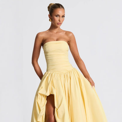 Lace-Up Tube Top Pleated Dress