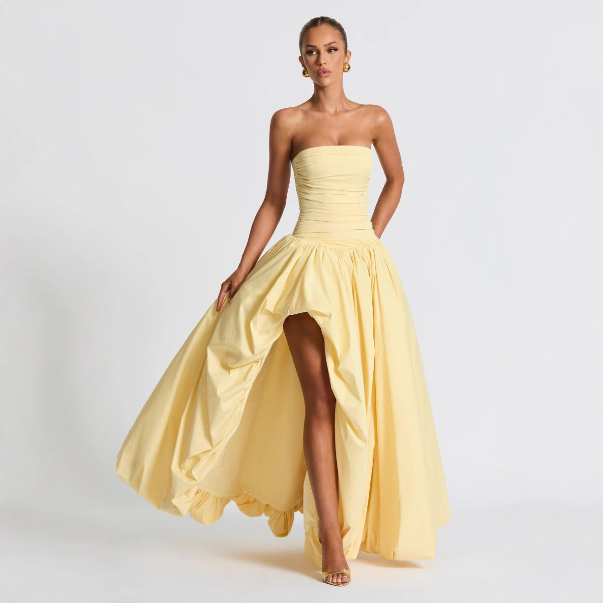 Lace-Up Tube Top Pleated Dress