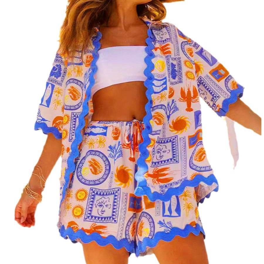 Lace wavy shirt short printed set for women