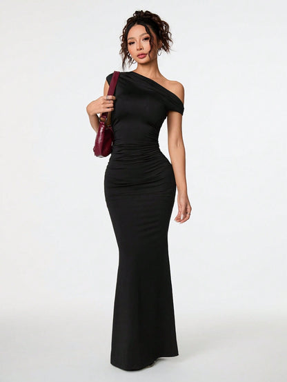 Ladies Off-Shoulder Slant Collar Long Dress