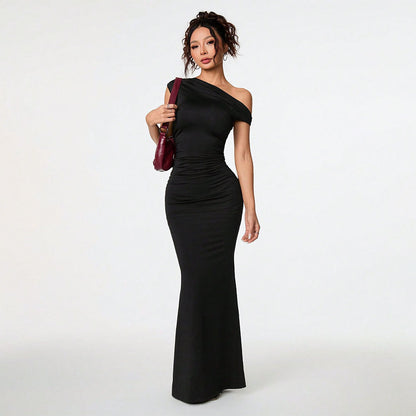 Ladies Off-Shoulder Slant Collar Long Dress