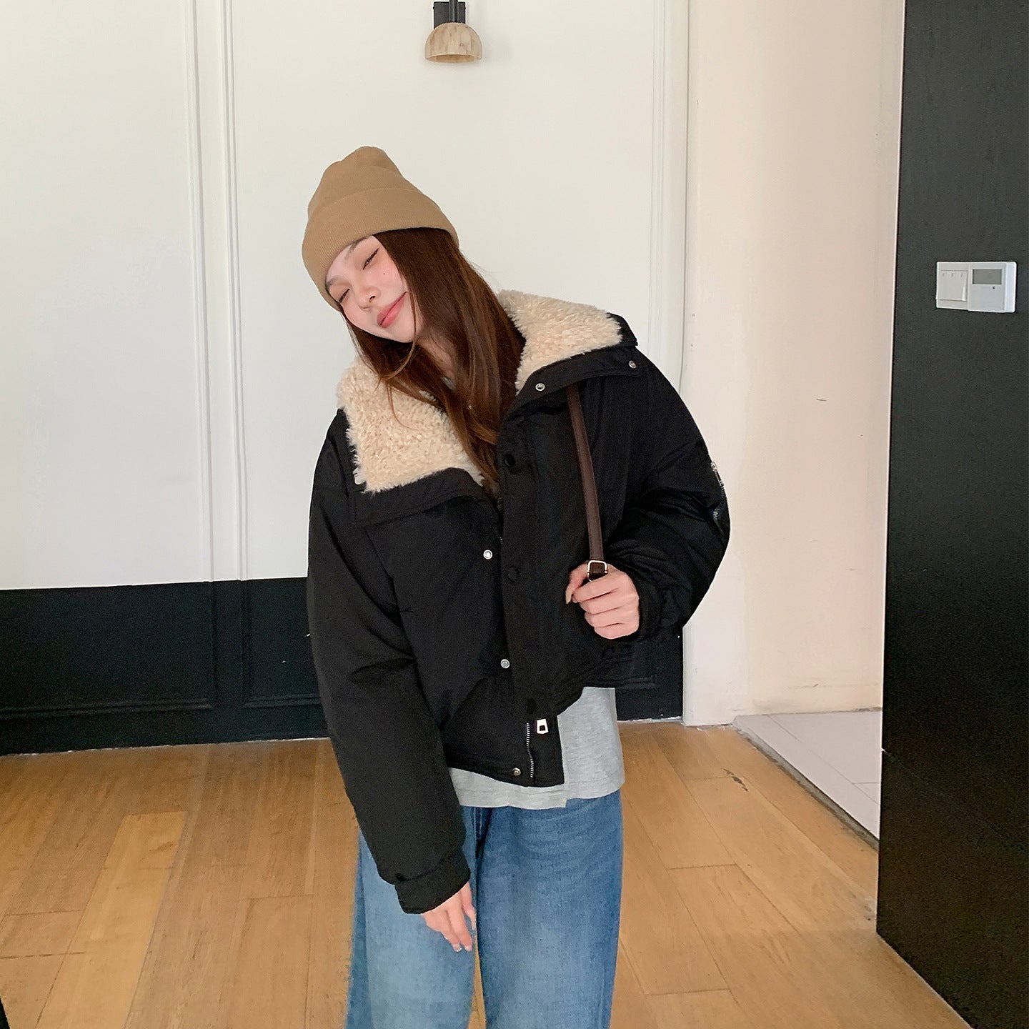 Lamb Wool Lapel Puffer Jacket
