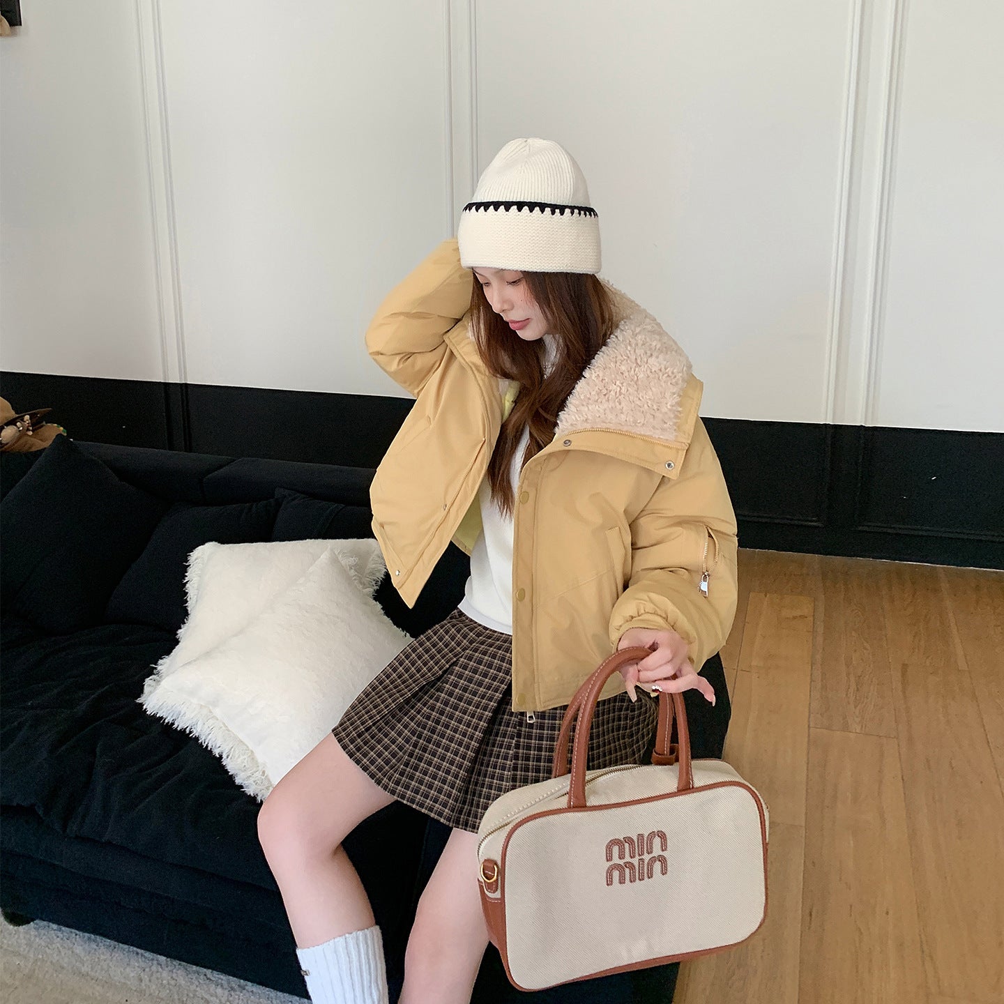 Lamb Wool Lapel Puffer Jacket