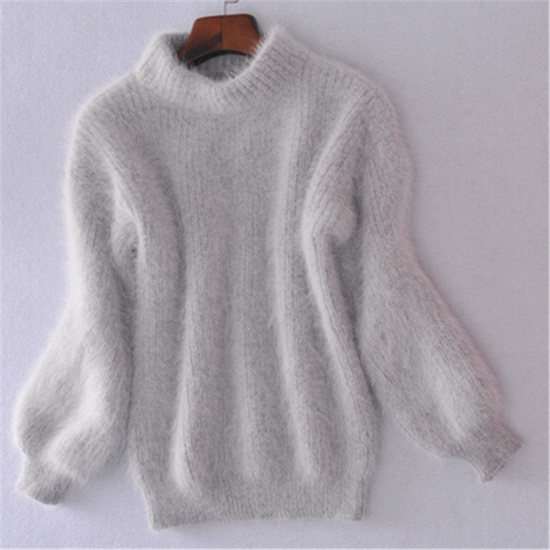 Lantern Sleeve Faux Mink Pullover Sweater